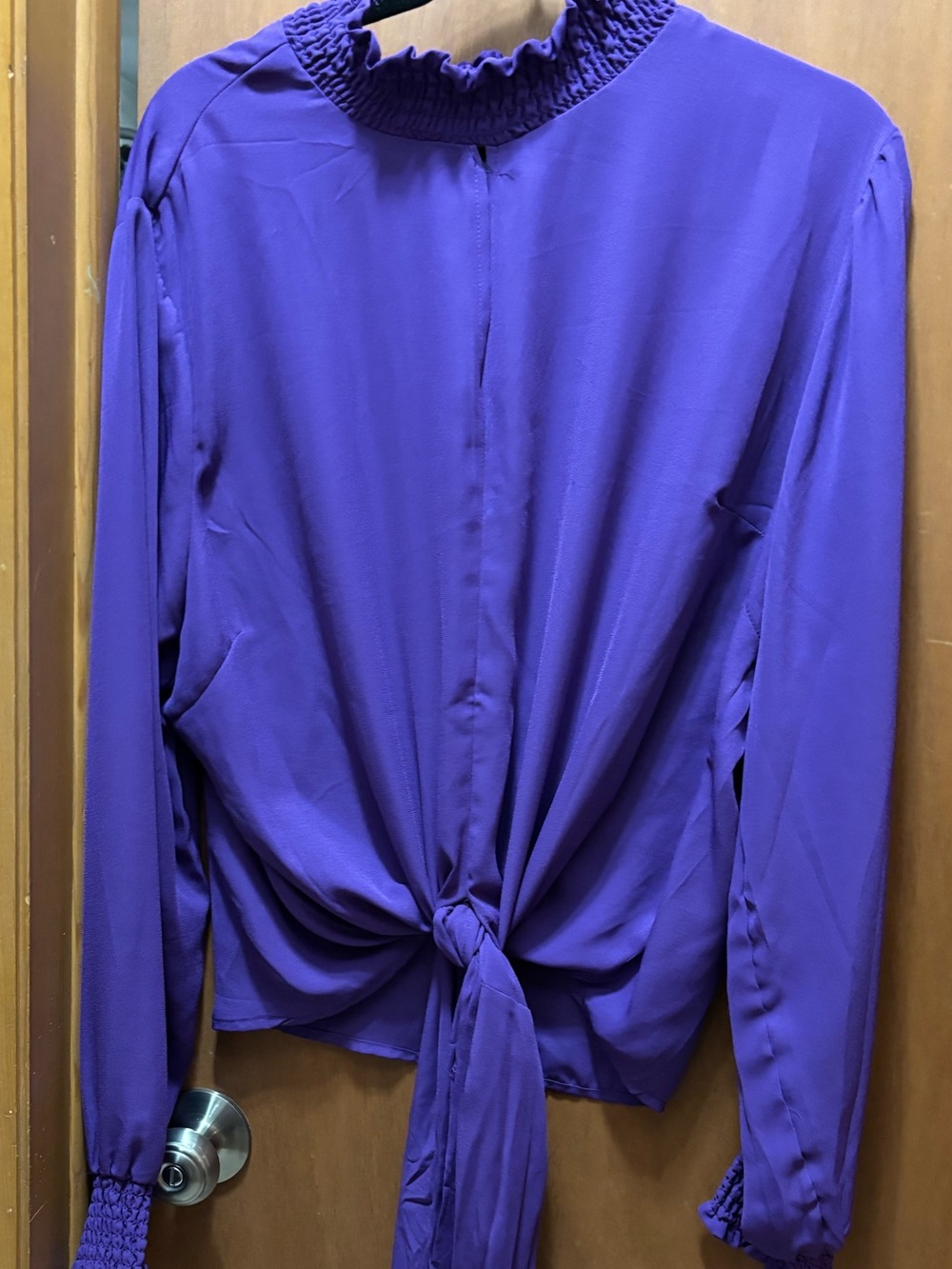 Ashley Stewart Purple Tie-Front Smocked Neck Blouse